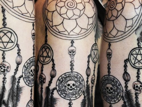 Beautiful Grey Ink Dreamcatcher Tattoo